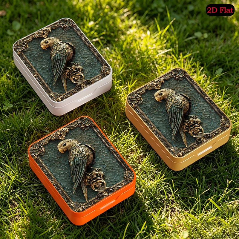 Ornate Parrot Theme Flip Top Square Tin Box with UV Printed Pattern, Durable Anti-rust Tinplate Case, Desktop Decoration