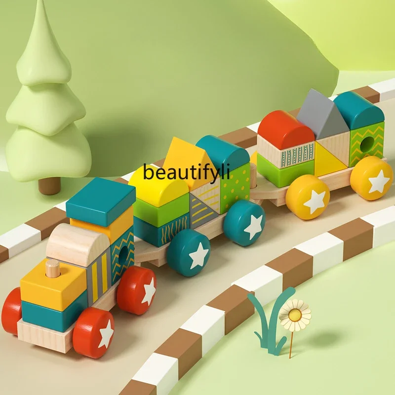 

Wooden small train with large particles building block baby early education educational toys children