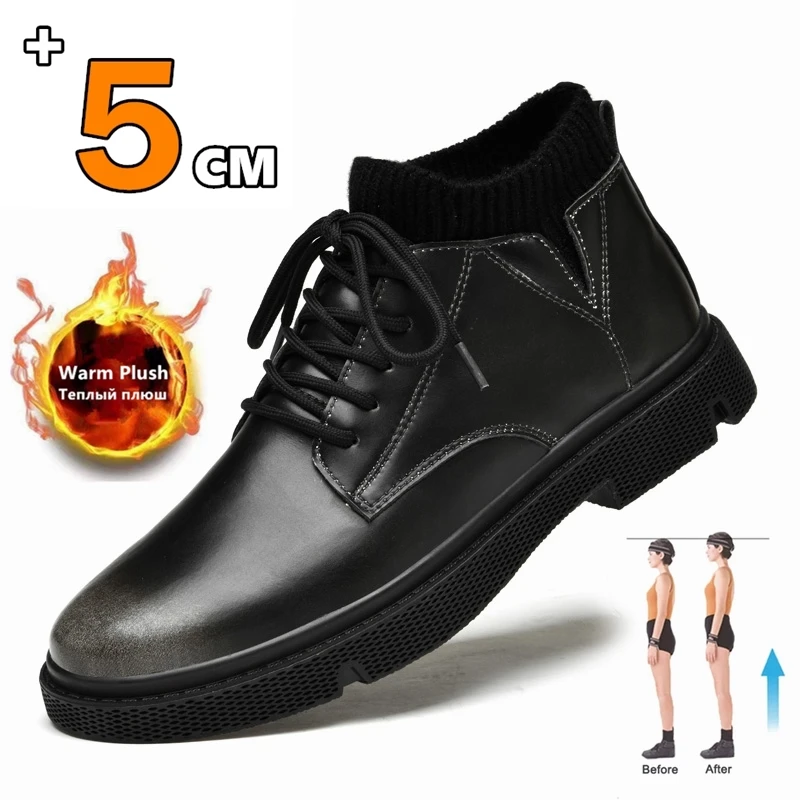 

New Men Elevator Boots Genuine Leather Sock Shoes Height Increase Ankle Boots Winter Warm Casual Shoes Insole 5CM Wedding Formal