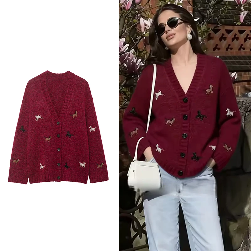 

Embroidered Cardigan Sweater Coats Women's 2026 New Fashion Loose V-neck Long-sleeved Warm Knitted Youth Women's Sweater