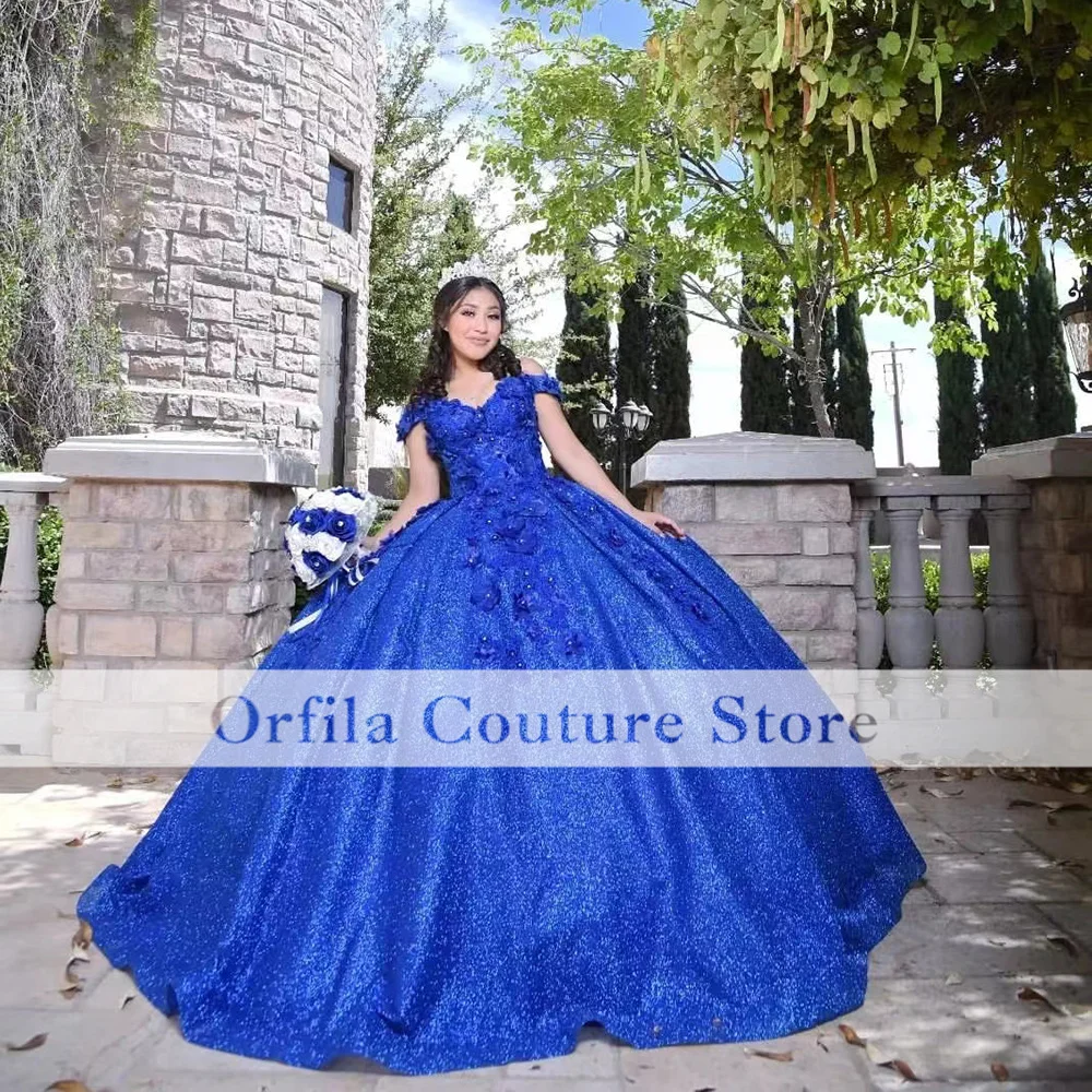 Vestido de princesa azul real para quinceañera, traje con hombros descubiertos, apliques de encaje dulce 15, vestidos brillantes de fiesta de cumpleaños, talla personalizada, 2022