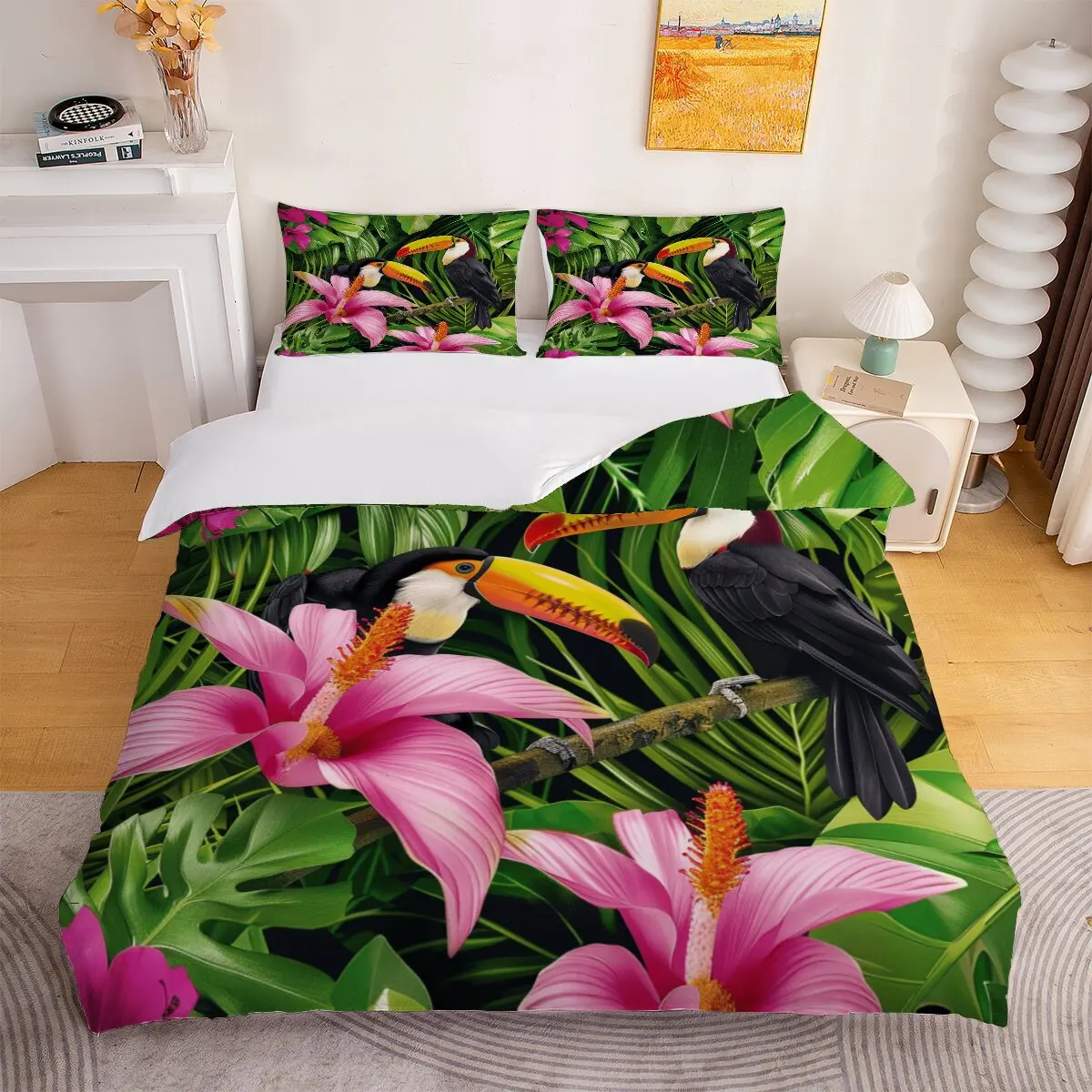 Red bellies and Toucans  Down duvet cover large size  Tropical birds  Room decoration bedding set