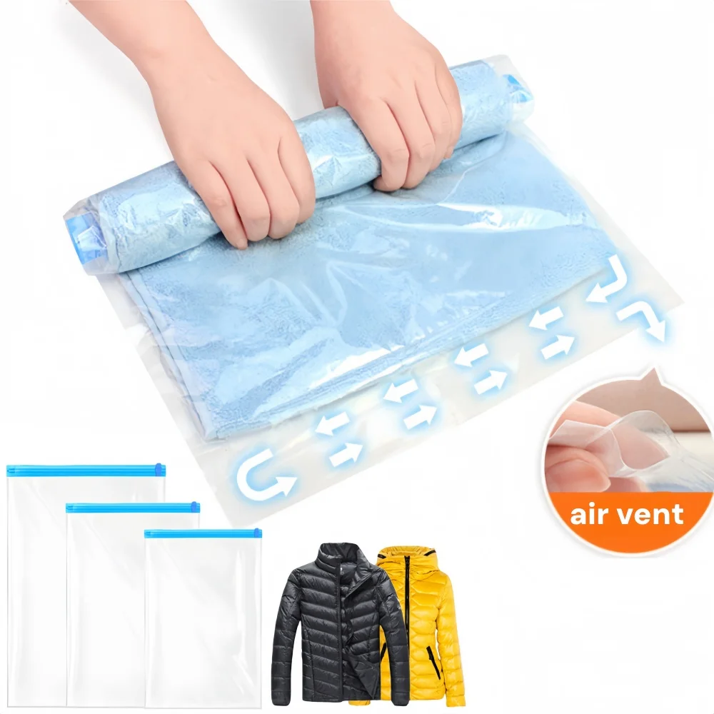 Roll Up Travel Vacuum Storage Bags,Space Saver Travel Accessories Compression Bag for Packing & Clothes, Hand Rolled Vacuum Bag