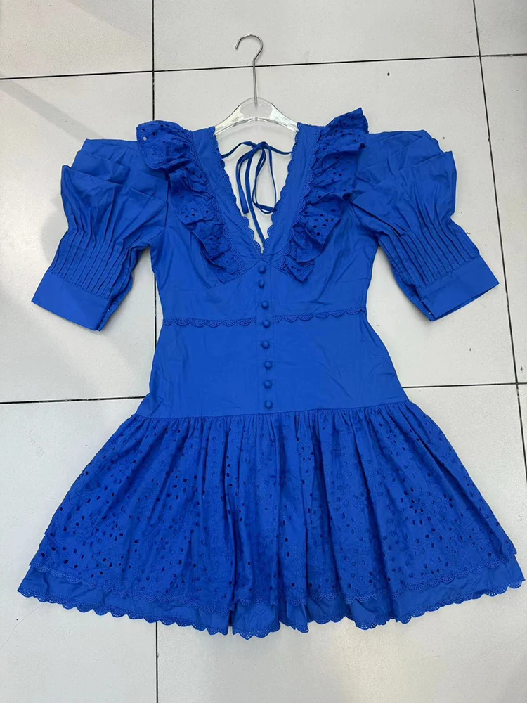 VGH Solid Patchwork Lace Up Dresses For Women V Neck Short Sleeve High Waist Spliced Button Temperament Mini Dress Female New