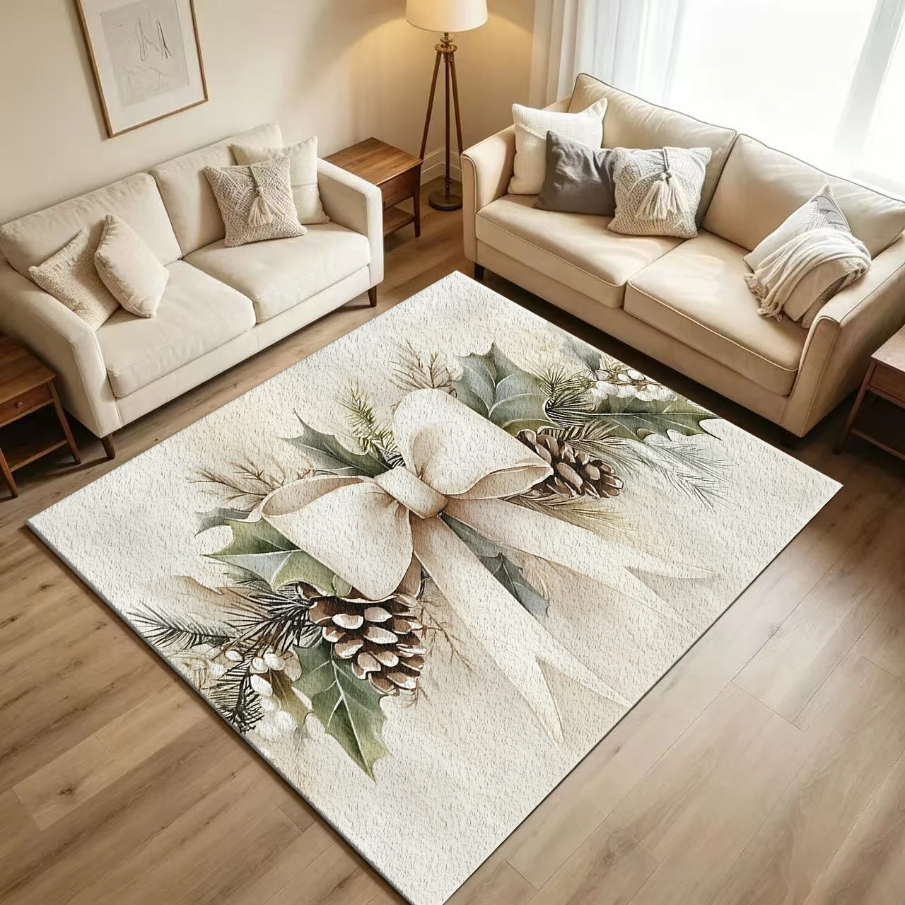 Neutral Watercolor Style Christmas Bowknot Pinecone Holly Carpet, Non-Slip Washable Floor Rug Suitable for Holiday Bedroom Home Decoration