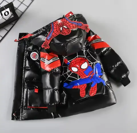 2025 Winter Kids Down Jacket Baby Boy Cartoon Spiderman Thicken Cotton-Padded Warm Hooded Parka Coat Children Clothing Outerwear