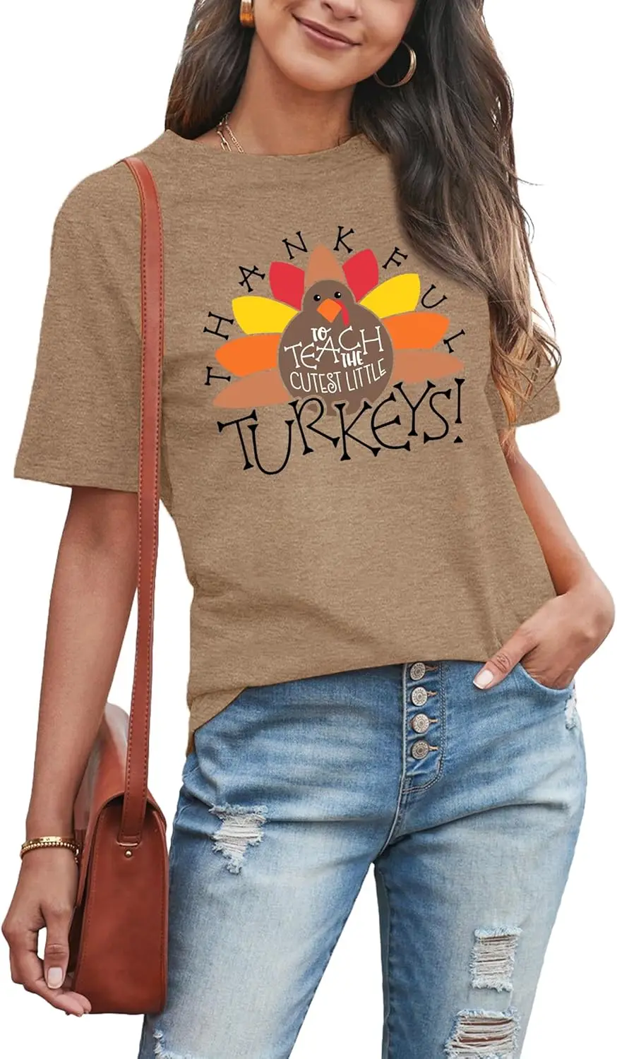 Women Thanksgiving Teacher Shirt Thankful to Teach The Cutest Little Turkeys Casual Fall Gift Tee Tops