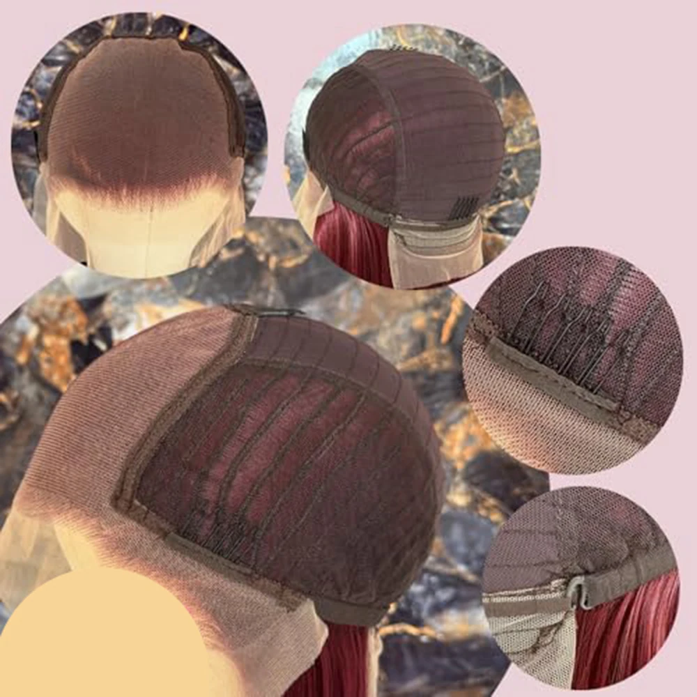Borgonha reta Lace Front perucas, resistente ao calor, sintético, pré arrancado, parte livre frontal perucas, 13*6