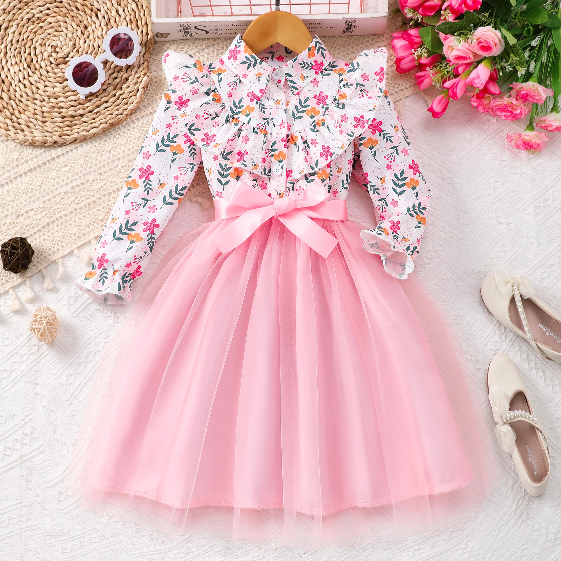 2-12Y Floral Girl Dress Mesh Ball Gown Party Formal Wedding Elegant Outfit Girls Clothes Shirt Dresses Kids Children Boutique