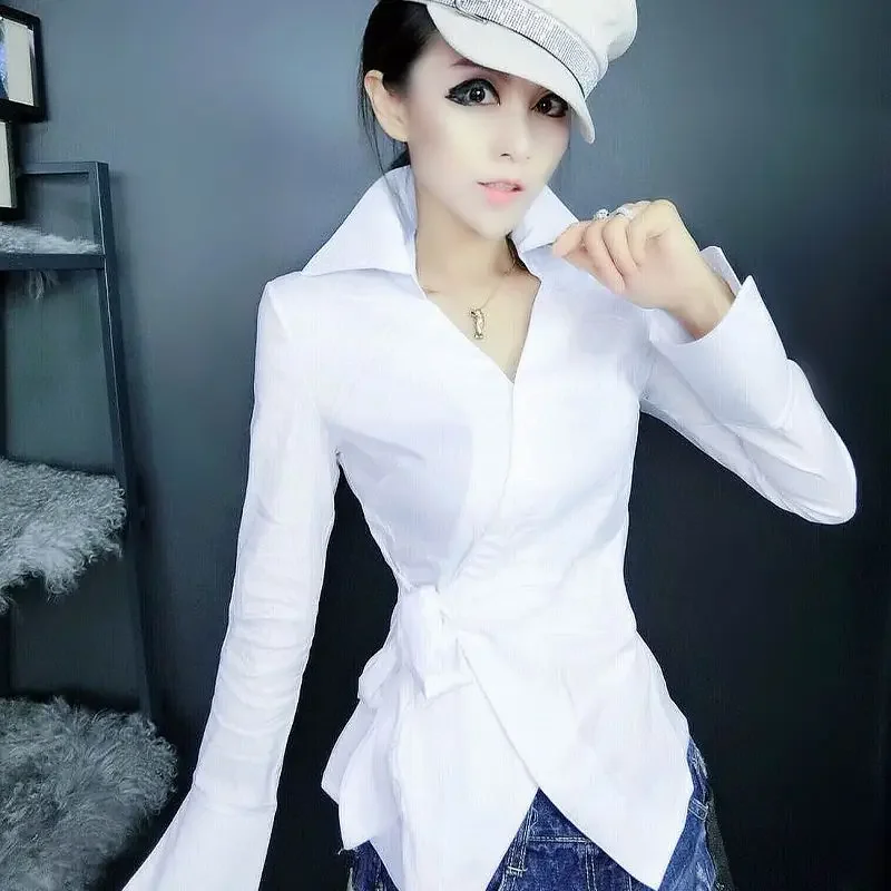 Women's luxury ultra thin long sleeve shirt, white shirt, Korean top strap, elegant black jacket for women's office, new style