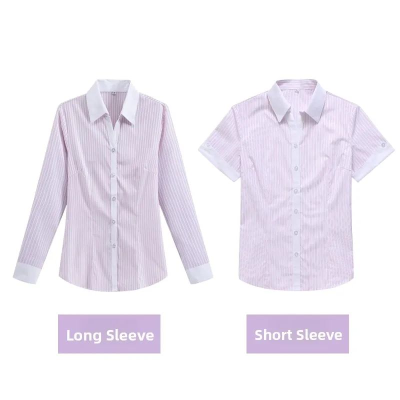 

Женская рубашка HuaXia с длинным и коротким рукавом, V-образным вырезом, в полоску, из смесового хлопка и полиэстера, для делового повседневного стиля и работы, для поездок на работу