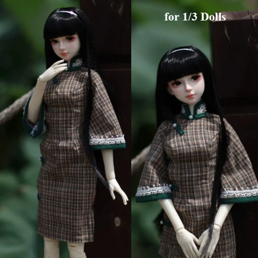 

Handmade Chinese Dresses Clothes Fashion Cute Traditional Retro Grid Cheongsam Doll Accessories for 1/3 1/4 45/60cm Dolls