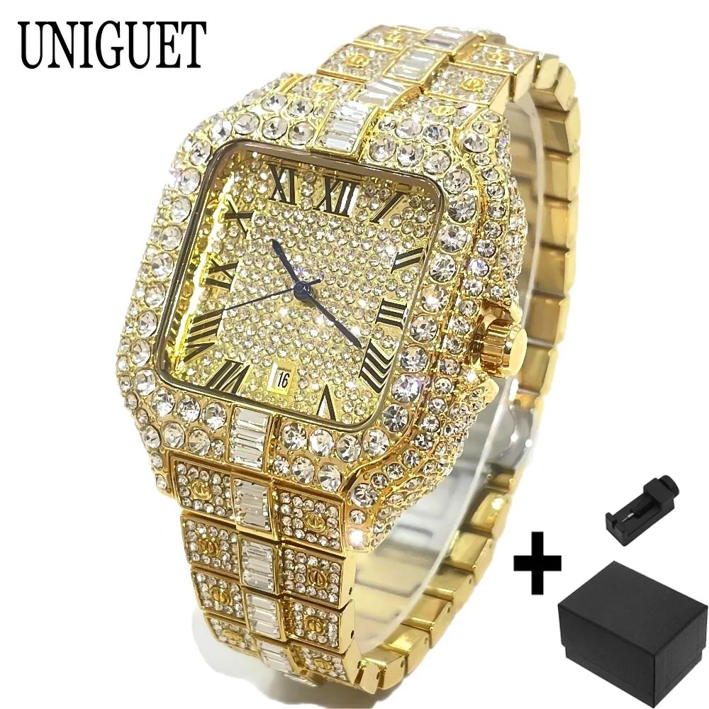 UNIGUET Square Ice Watch For Men Luxury Waterproof Gold Quartz Clocks Man Hip Hop Diamond Jewelry Wrist Watch 2025 Hot Selling