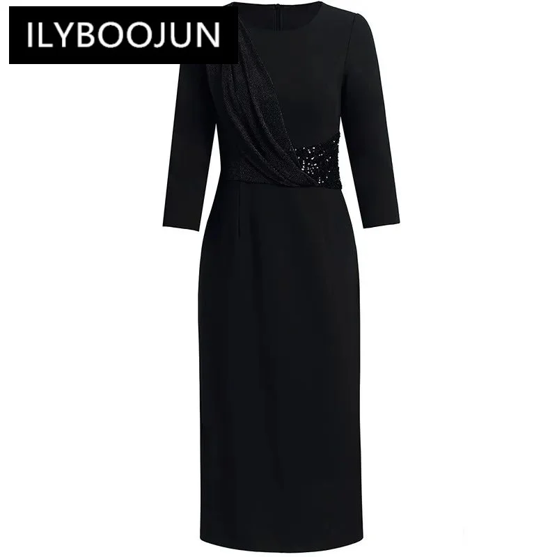 

ILYBOOJUN Fashion Women's 2024 Spring New Elegant Round Neck Three Quarter Sleeved Sequin Irregular Vintage Ball Gown Dress