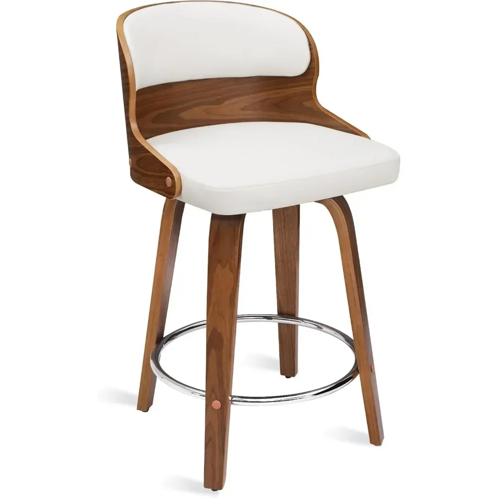 Bar Stools Swivel Set of 3, 26 Inch Bar Chairs with Solid Back, Walnut Finish and Faux Leather Seat, Counter Height Barstool