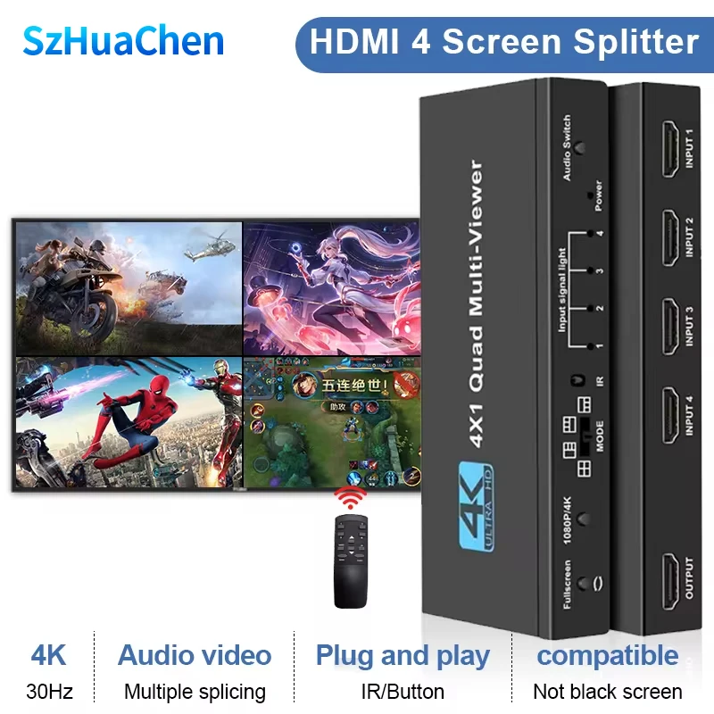 4K 4x1 HDMI Multi-viewer switcher 4K Seamless Quad Screen Real Time Multi Viewer Splitter 4 in 1 out HDMI Switch Adapter with IR