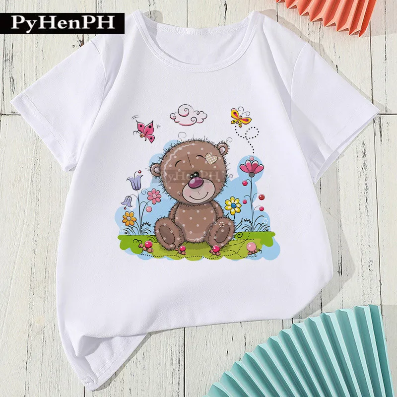 Personality Cute Bear Print Round Neck Short Sleeve T-shirt Children Round Neck White Base Clothing Ins Clothes