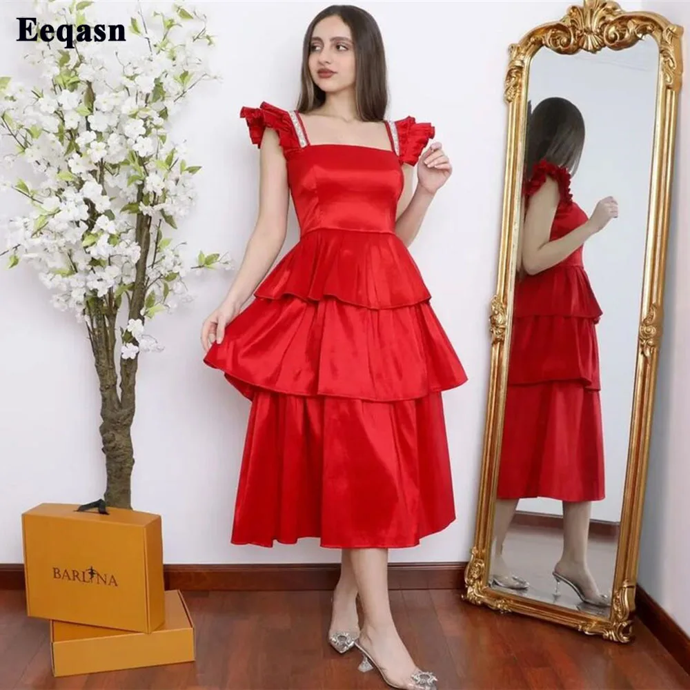 Eeqasn Red Satin Midi Prom Dresses Tiered Skirt Saudi Arabia Formal Evening Gowns Tea-Length Dubai Women Wedding Party Gowns