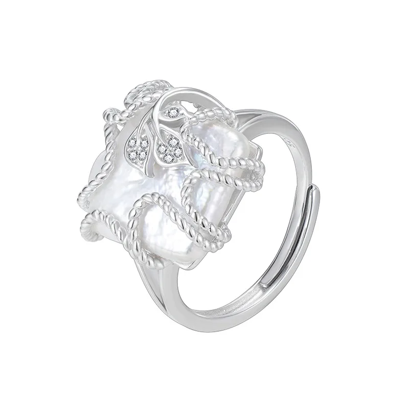 925 Sterling Silver Baroque Shaped Pearl Ring, Female Niche Design, Personalized Geometric Square Opening Ring