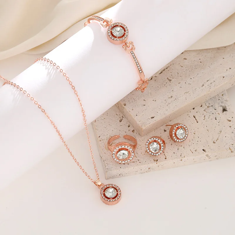 Simple Elegant Noble Diamond 4-Piece Banquet Accessory Set - Flash Bracelet Ring Earrings Necklace