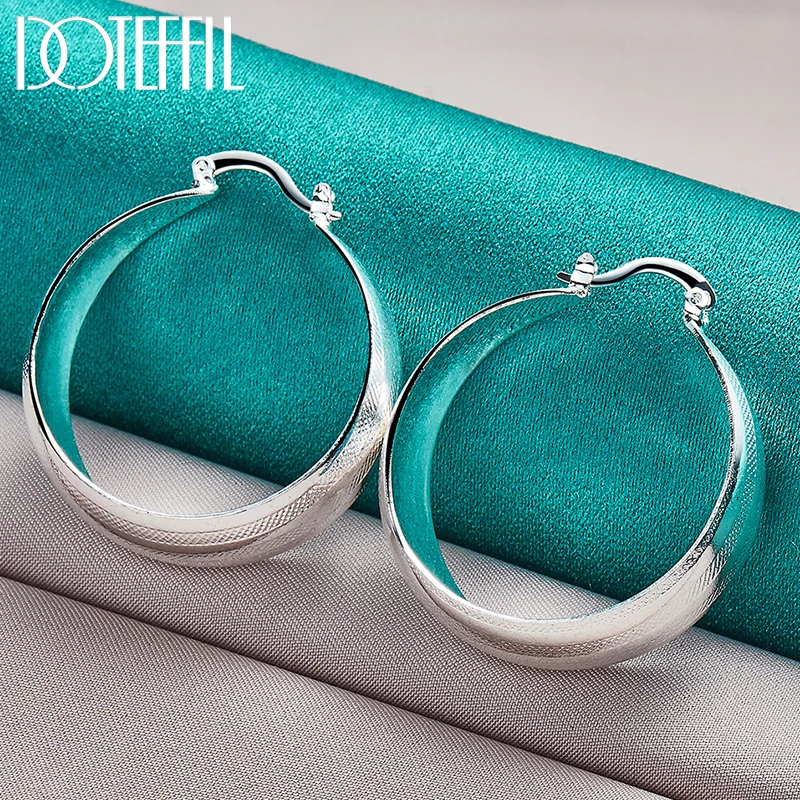 DOTEFFIL 925 Sterling Silver Matte Parallel Smooth Hoop Earring For Woman Wedding Engagement Party Fashion Charm Jewelry