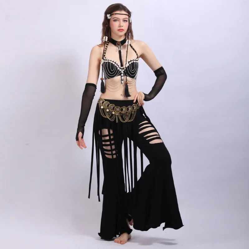 Stage performance women Tribal Style Belly Dance Costume 4 Pics Top &Tassel Tribal Pants&Bronze Belt&Shell Headdress&Arm Sleeve