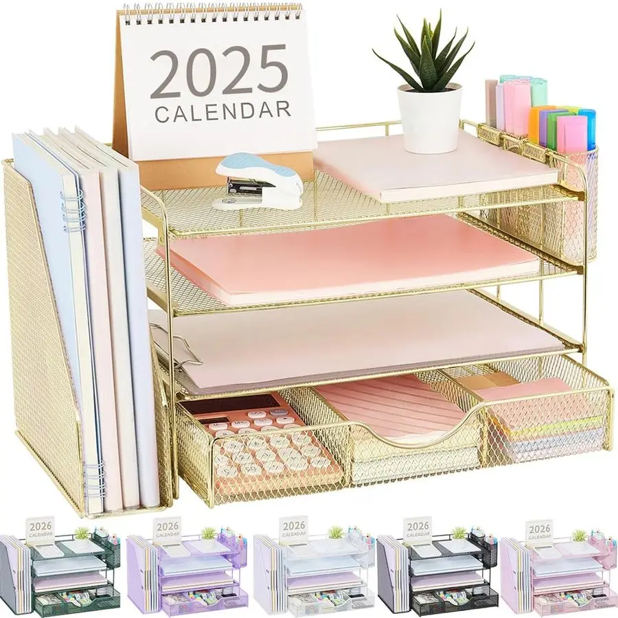 

Настольные органайзеры и аксессуары с держателем для файлов, 4-уровневые органайзеры для рабочего пространства с выдвижным ящиком и 2 держателями для ручек