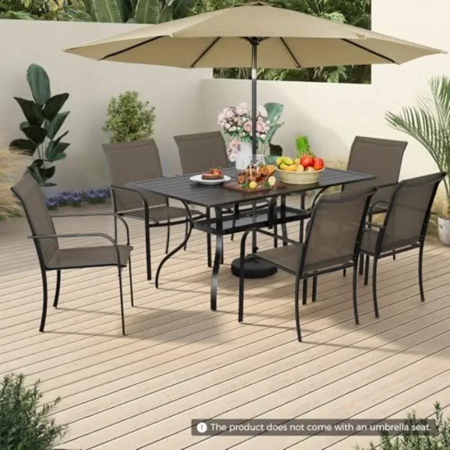 8 Pieces Patio Dining Set with Umbrella, Outdoor Dining Set of 6 Textilene Chairs and Rectangle Table with Umbrella Hole for Ba