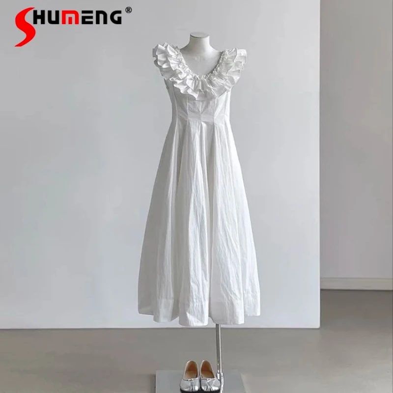 

Элегантные японские платья Y2k с рюшами и U-образным вырезом, 3D расклешенным подолом, простое длинное платье без рукавов, черно-белый цвет, утягивающие платья, Vestidos Mujer