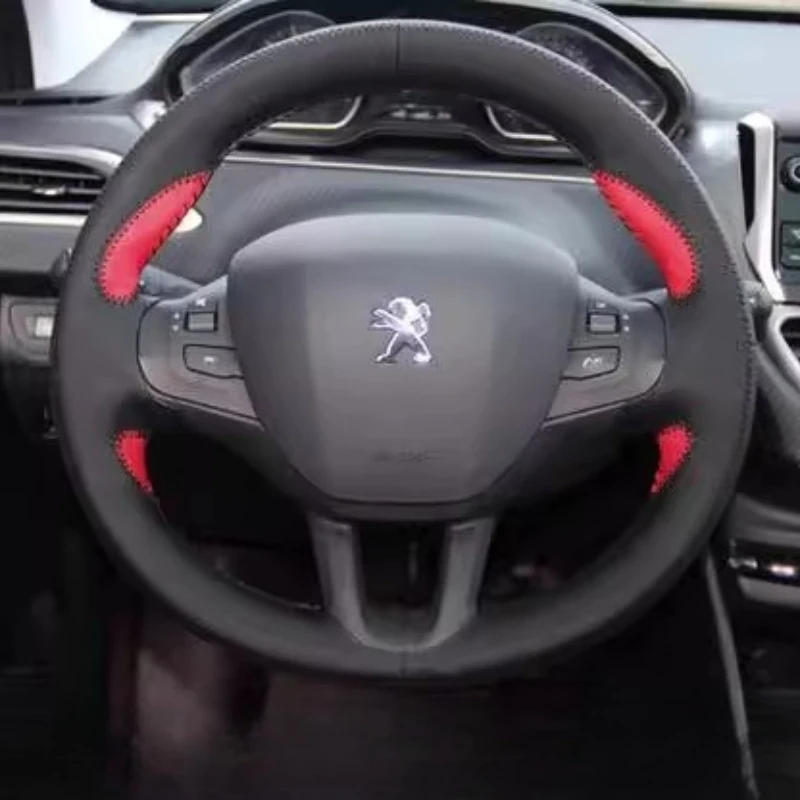 

For Peugeot 208 2008 2014-2018 Hand-Stitched Non-Slip black red Genuine Leather car Steering Wheel Cover