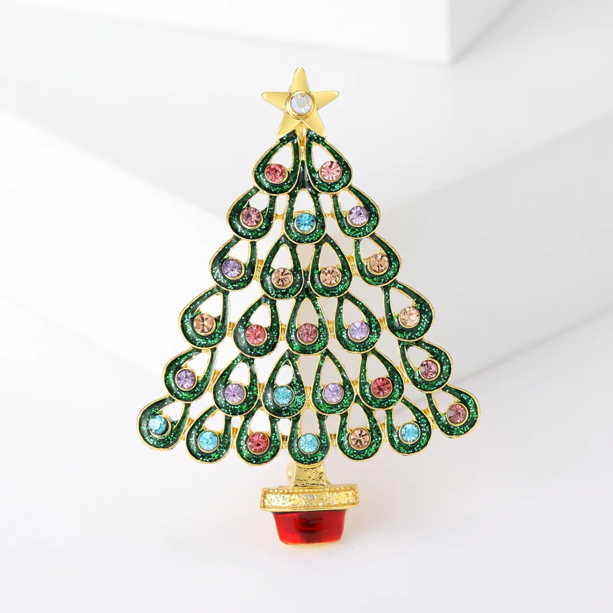Teardrop Hollow Christmas Tree Brooch Multicolor Rhinestone Green Glitter Star Lapel Pin Xmas Holiday Badge Gift for Women
