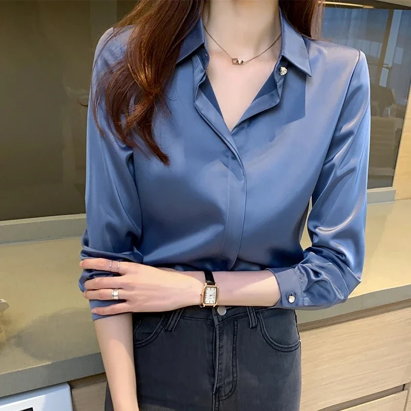 

Shirts Women Long Sleeve Shirts Blouses for Women Satin Clothing Shirt Office Lady Solid Shirt Blouse Spring OL Fashion Top