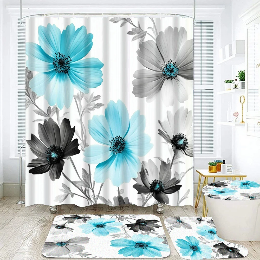 Waterproof Shower Curtain Set Beautiful Flowers and Plants Bath Rug and Mats with Hooks Toilet Seat Cover Bathroom Decoration