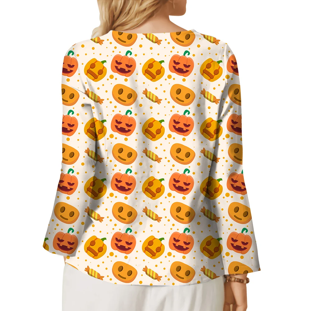 CLOOCL Women T-Shirt  Long Sleeve Tops Cute Cartoon Halloween Candy Pumpkin 3D Print Blouse Buttons Tee Party Clothing Oversize