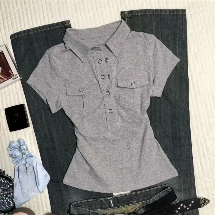 American retro pocket lapel shoulder polo shirt women t shirts for womens summer goth new slim fit and versatile tops