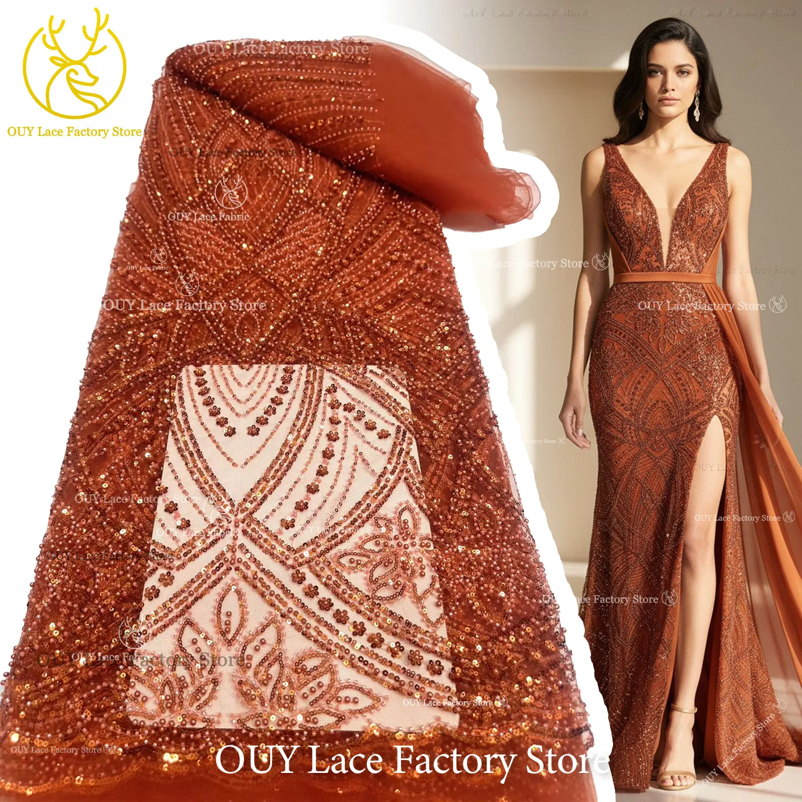 African Gold Beaded Lace Fabric 2026 High Quality Nigerian Tulle Sequins Lace Fabric Suitable For Sewing Wedding Party Dress 5Y