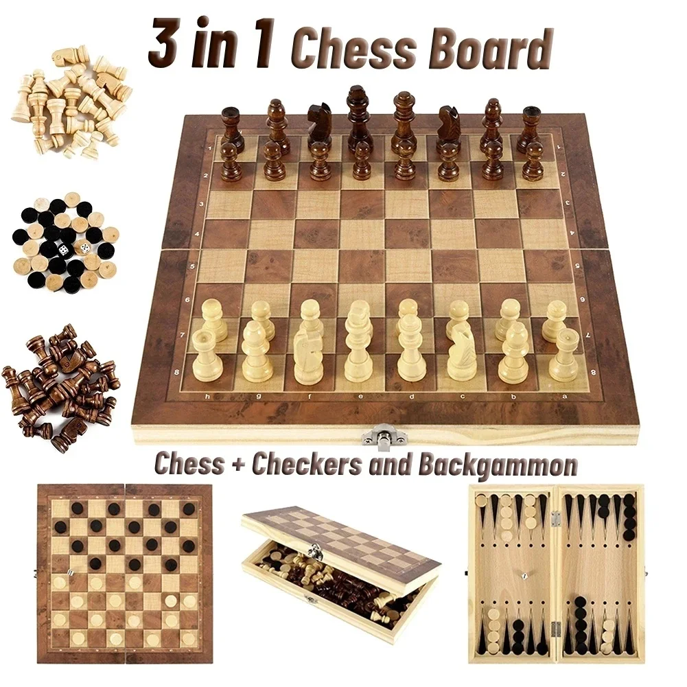 Jeu d'échecs, de dames et de backgammon en bois 3 en 1, plateau de jeu pliable portable pour les voyages, les fêtes et les soirées en famille, cadeau