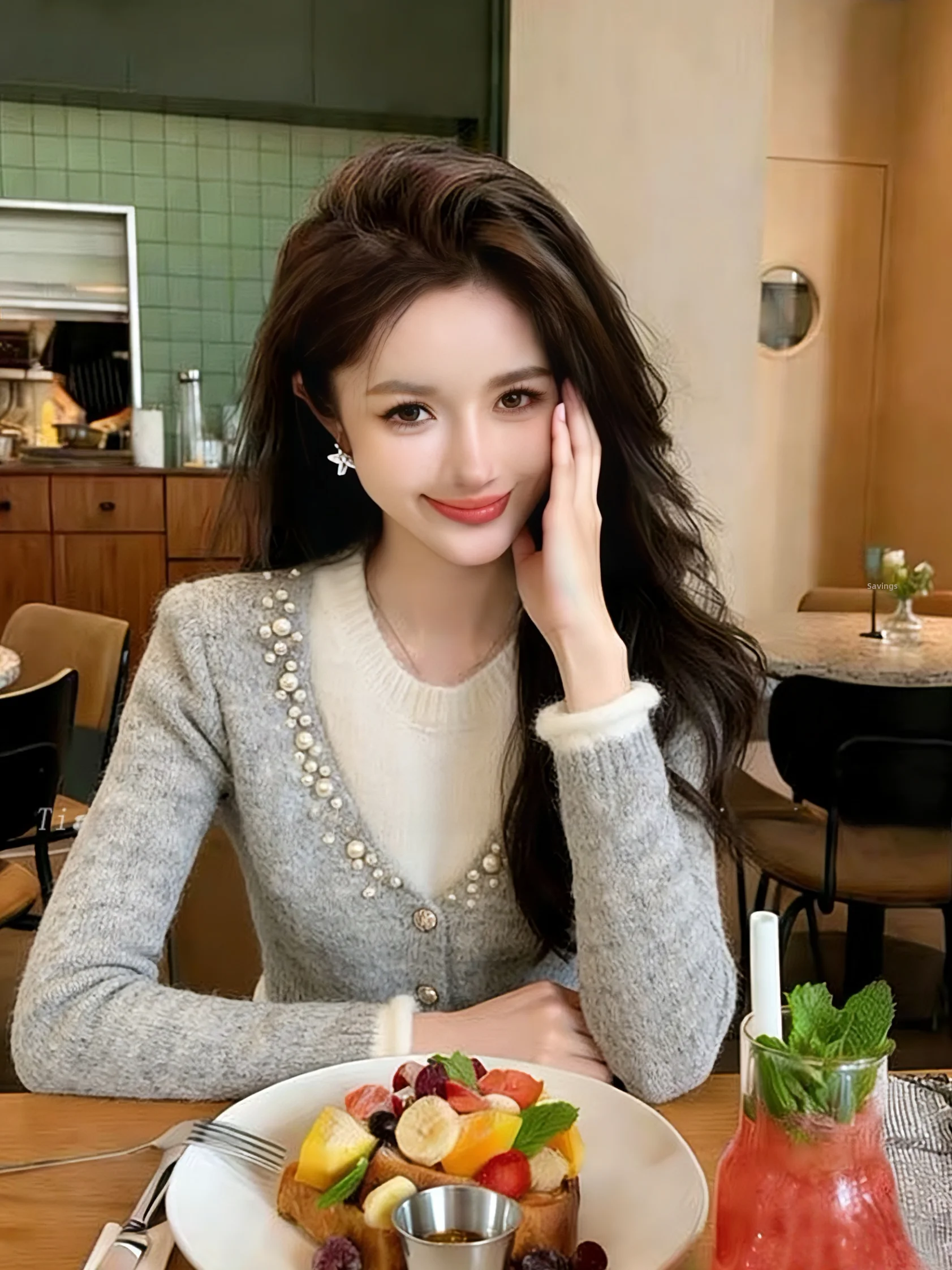 

Gray Beaded Long Sleeve Knitted Open Cardigan Women's Spring New Versatile Sweater Commute Style Korean Version Self-Kept Model