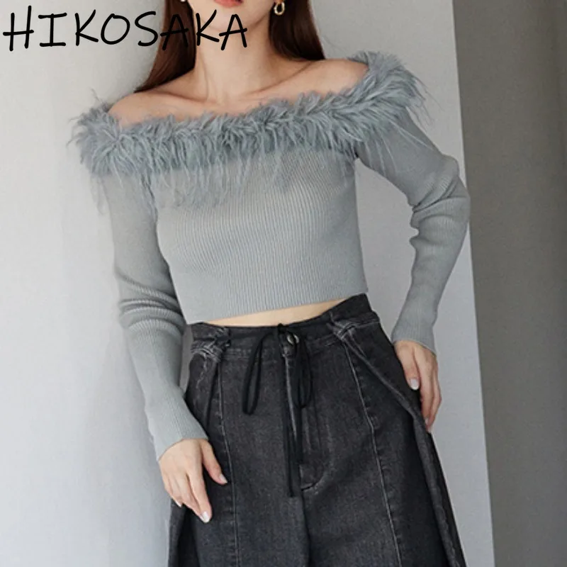 Plush Tassel Sweet Jumpers Sexy Elegant Slash Neck Solid Knit Pullovers Autumn Winter Japanese Chic Fresh Sweaters 2024 New