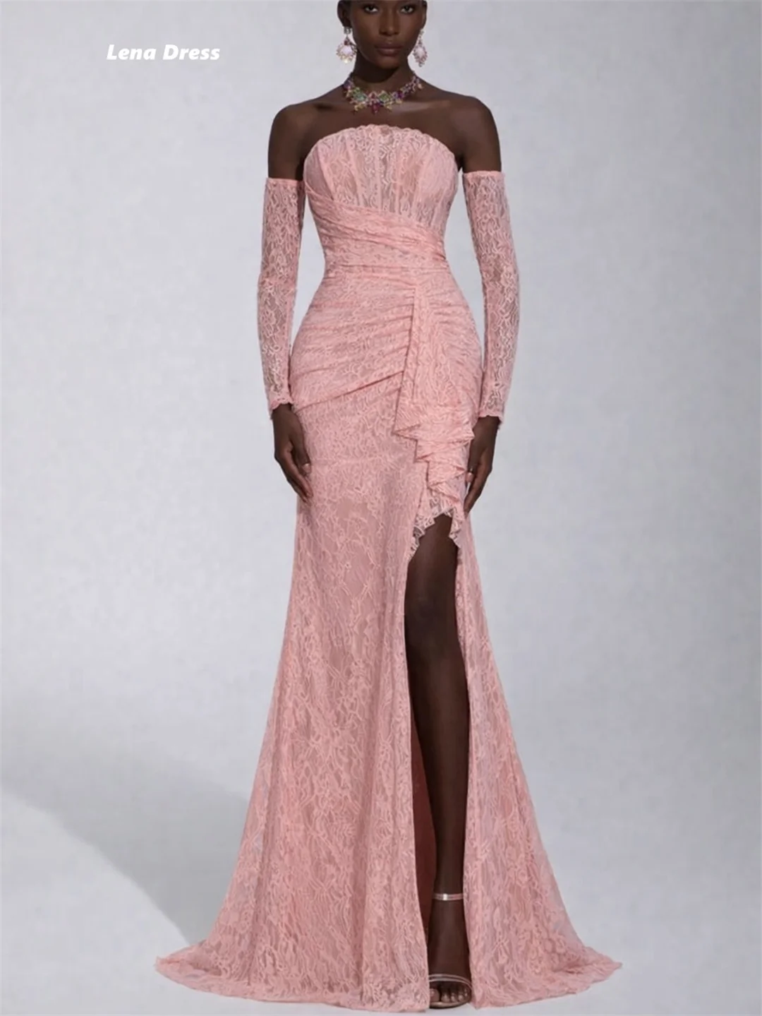 

Вечернее платье Lena Pink: Элегантное длинное платье для особых случаев, с вышивкой и кружевом, силуэт «рыбий хвост», для выпускного вечера, 2026