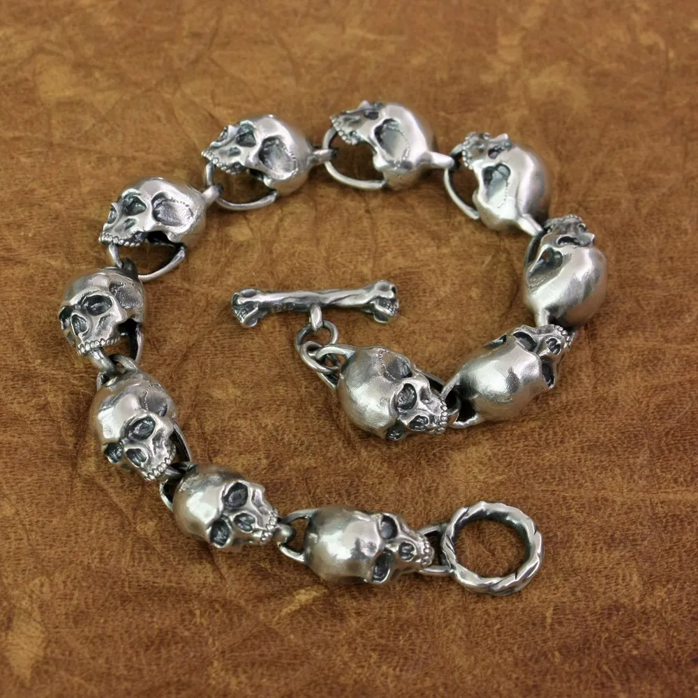 Details 925 Sterling Silver Huge Skulls Bracelet Biker Punk Chain TA170