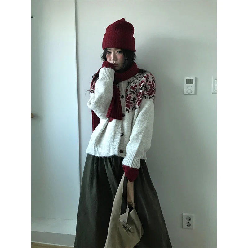 MEXZT-cárdigan de punto con estampado Vintage para mujer, suéter de manga larga Harajuku, prendas de vestir exteriores, prendas de punto holgadas coreanas, jerséis de Otoño Invierno