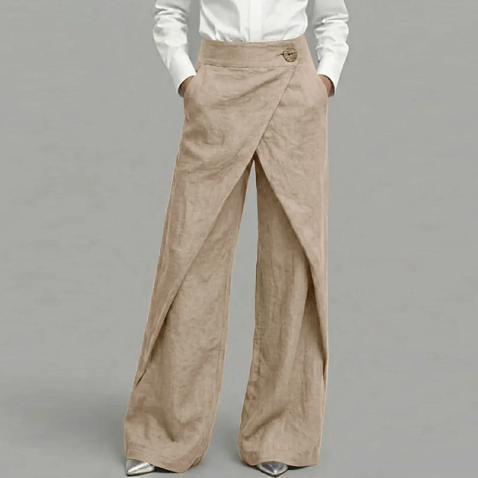 Womens Linen Wrap Wide Leg Pants High Waist Button Decor Asymmetrical Overlap Trousers Casual Loose Fit Office Lady Work Pants
