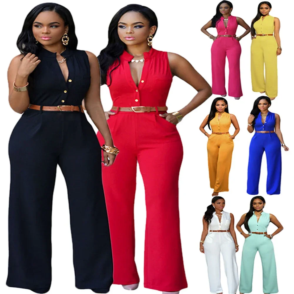 

Women Sexy Sleeveless Plunge V Neck Wide Leg Jumpsuit Romper With Belt