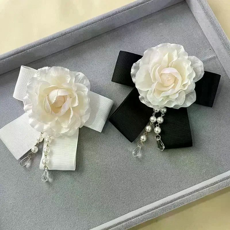Vintage Black Camellia Bow Brooch Elegant Neck Tie Brooch Mourning Brooches Formal Wear Shirt Collar Pins Jewelry Decoration