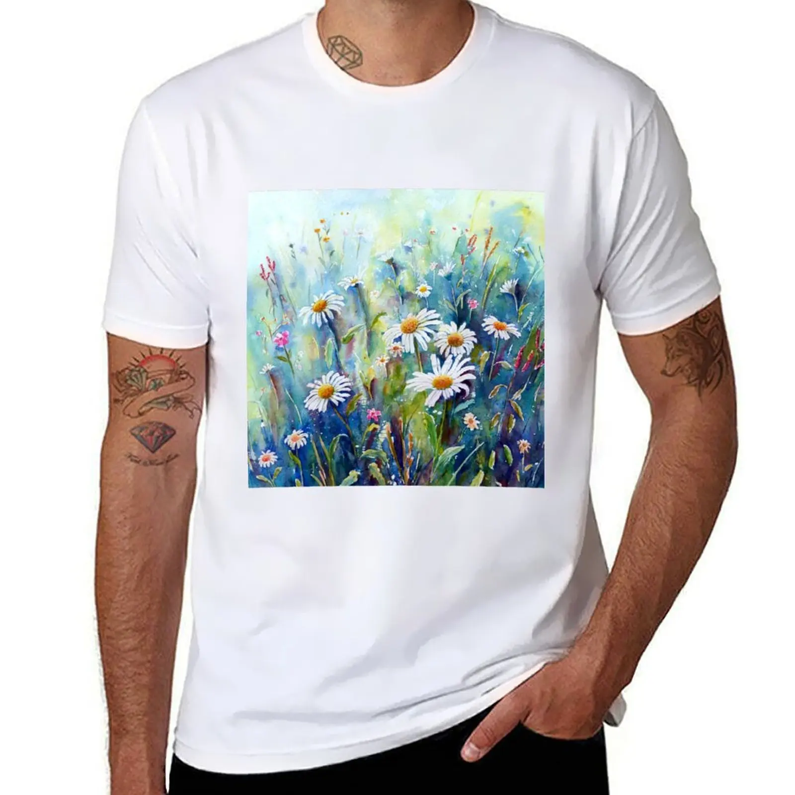 

Watercolour Painting of Daisy Field T-Shirt men t shirt cotton 100% man t shirt heavy cotton T-Shirt