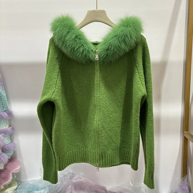 2024 Women Winter Green Real Fox Fur Thick Knitting OverSize Loose Girl's Luxury Sweater Hooded Jacket Coat