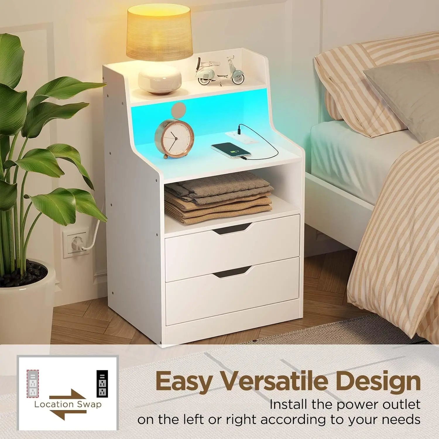 Nightstand with Charging Station & LED Lights White 2 Drawers Storage Shelves, USB Power Outlets Bedside Table Bedroom Organizer