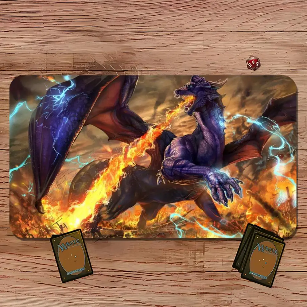 Purple Blue Fire Dragon TCG Playmat Magic Card Battle Mat Non-Slip Durable Stitched Edge 35X60CM Desk Mat Tapete Magic Mat