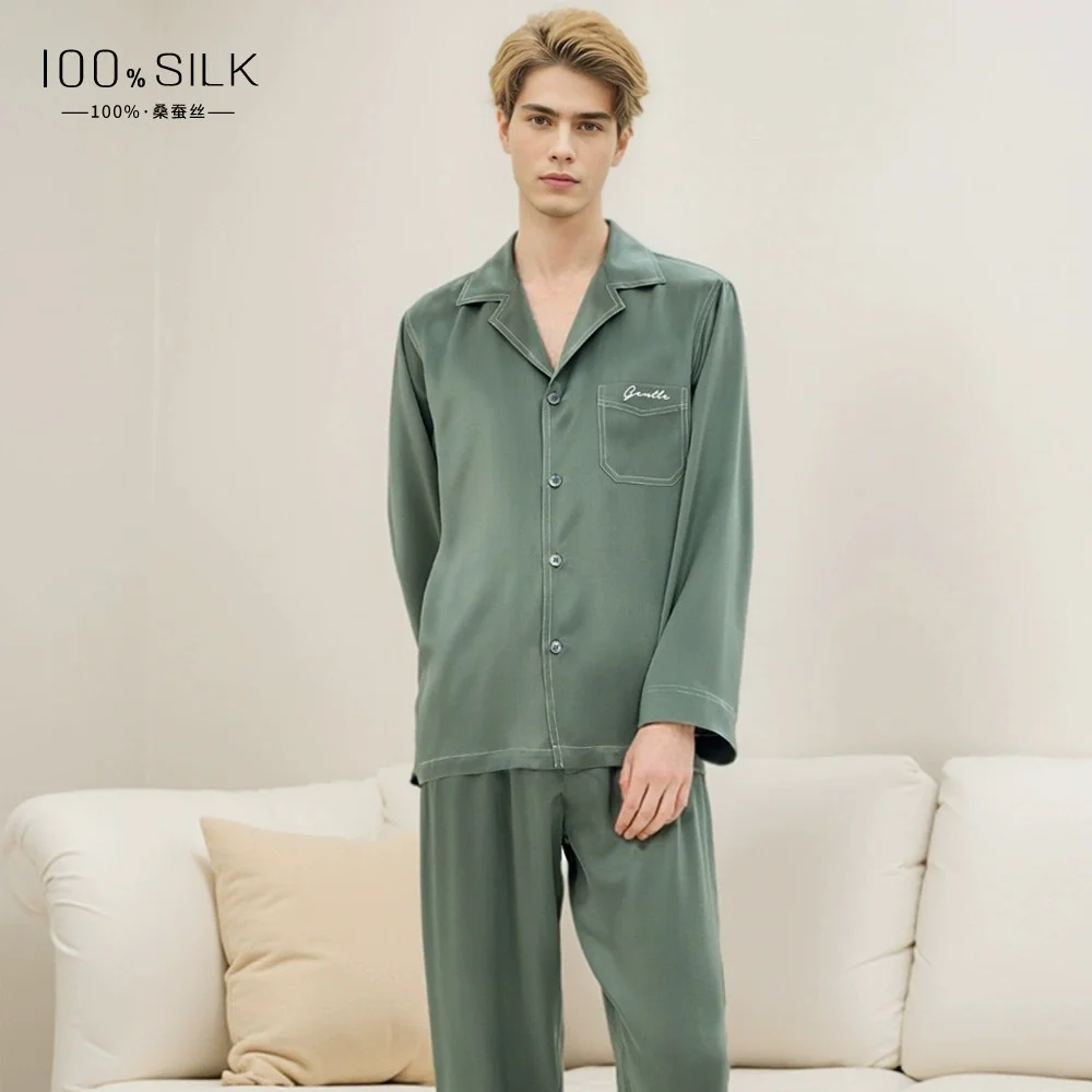 19mm heavy-weight silk pajamas, men's 100% mulberry silk two-piece loungewear set